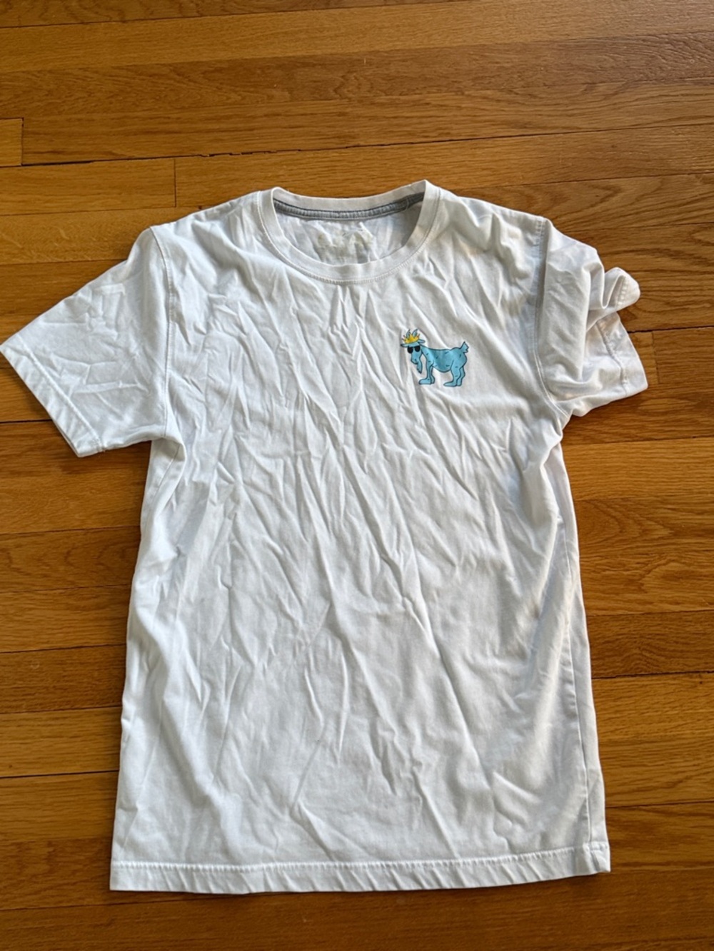 White Short Sleeve Tee with Blue Goat Embroidery